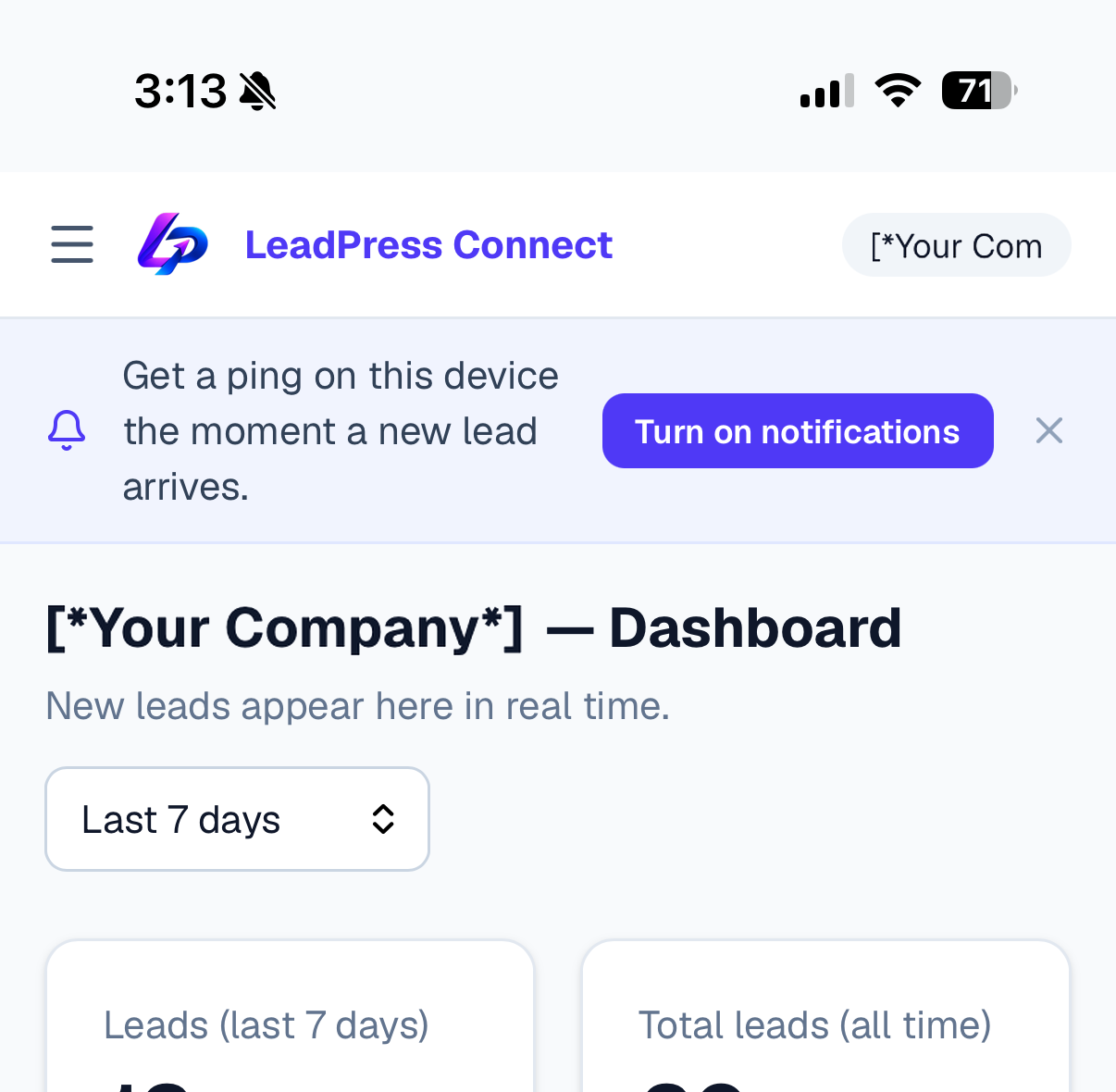 The HoundBell dashboard on a phone with the banner offering to turn on new lead notifications