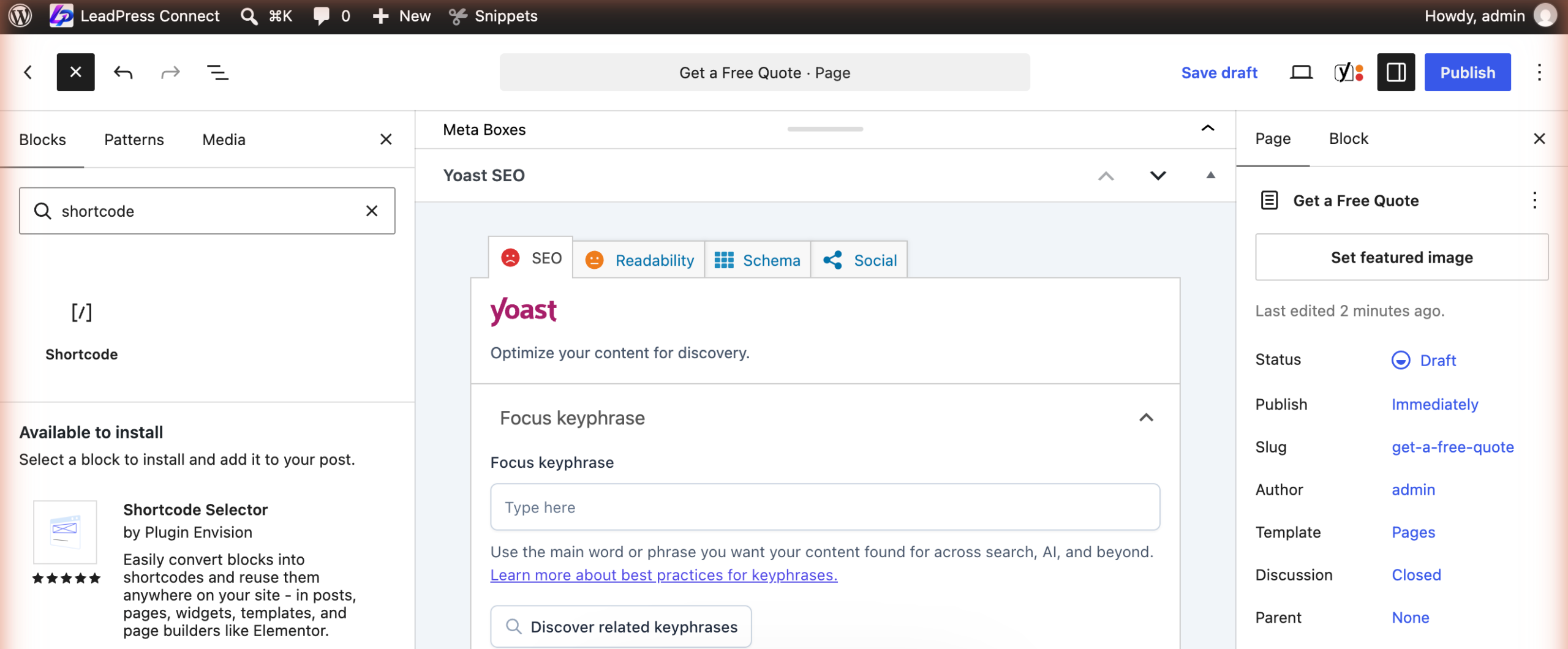 The WordPress block inserter with shortcode searched and the built in Shortcode block highlighted