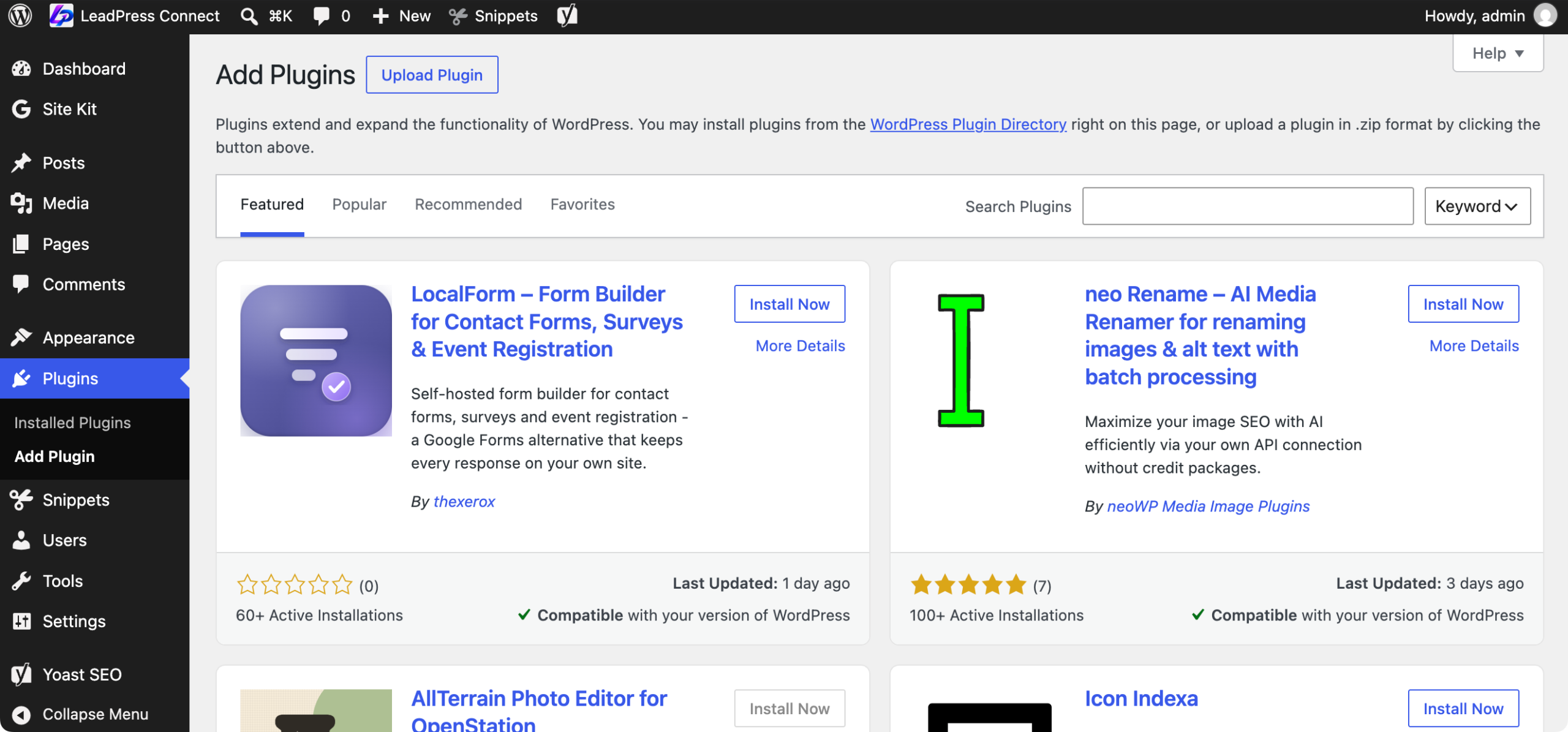 The WordPress Add Plugins screen with the Upload Plugin button beside the page title