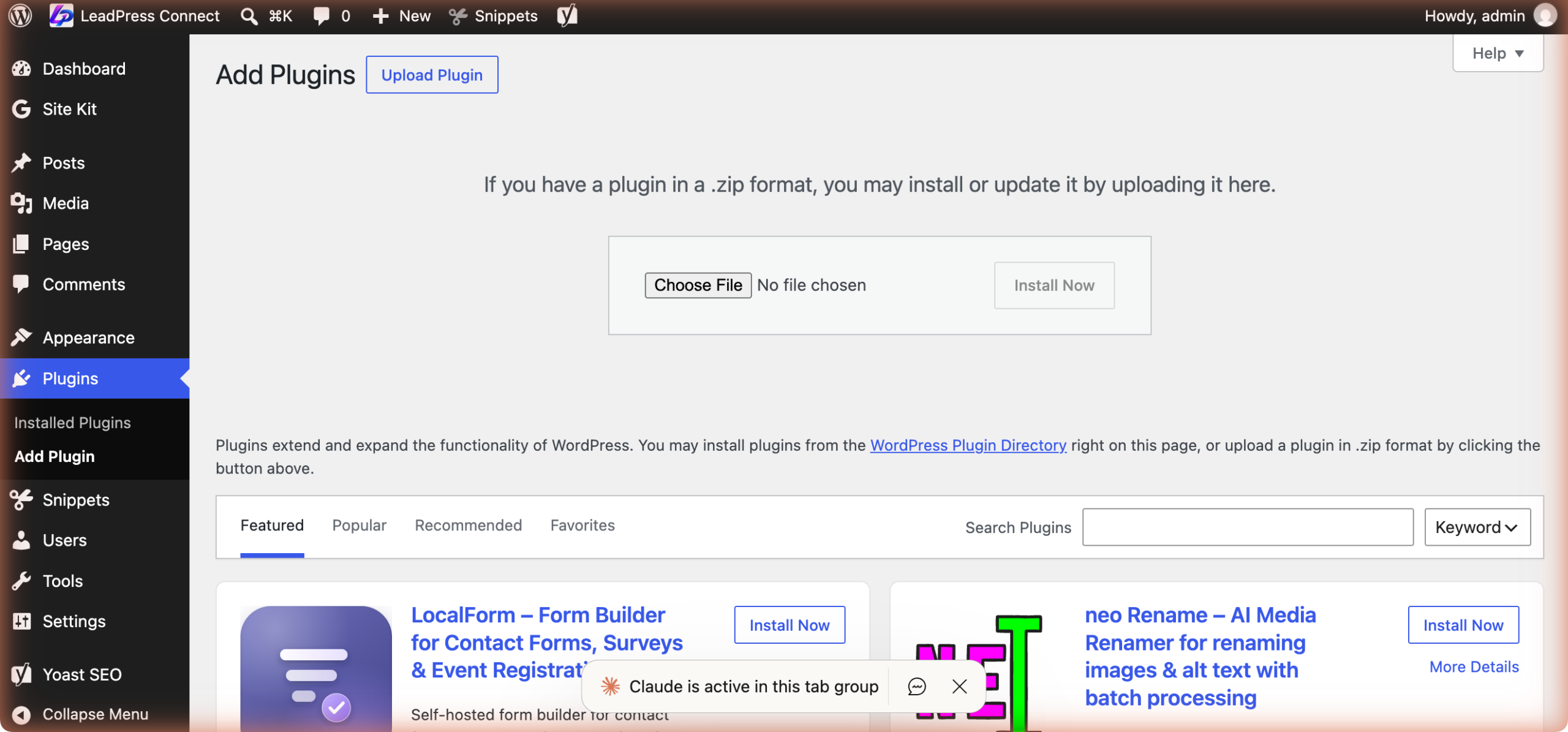 The WordPress plugin upload box with Choose File and Install Now
