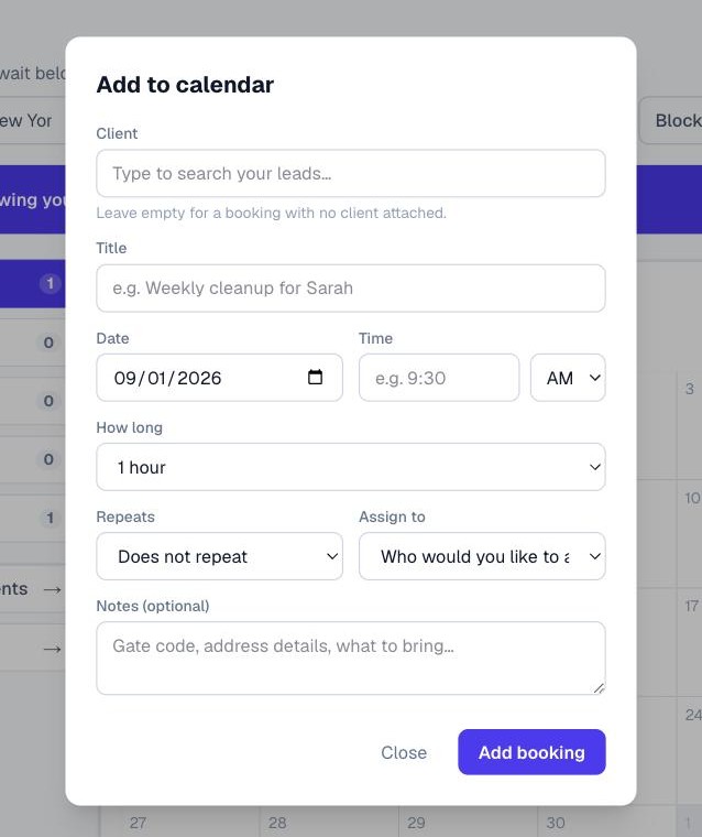 The Add to calendar dialog with client search, title, date, time, duration, repeats, assignment and notes fields