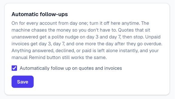 The Automatic follow-ups card in Branding with the follow-up toggle switched on