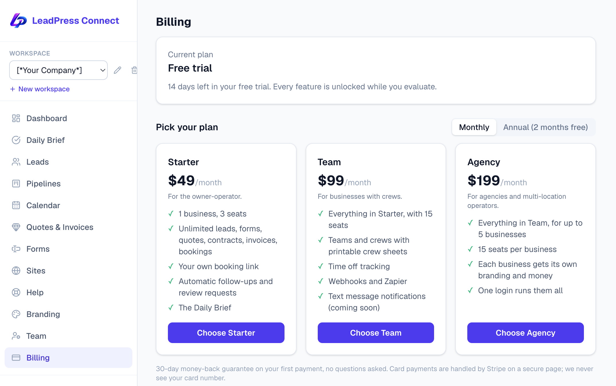 The Billing page on a free trial: the current plan banner showing days left, the monthly or annual toggle, and the Starter, Team, and Agency plan cards with Choose buttons