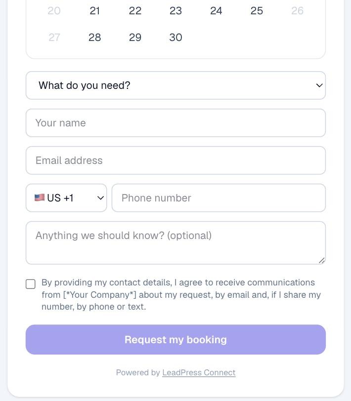 The public booking page request form with service dropdown, contact fields, consent checkbox, and the Request my booking button