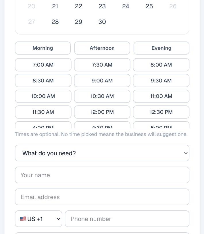 The public booking page showing morning, afternoon and evening buttons, exact time slots, and the request form