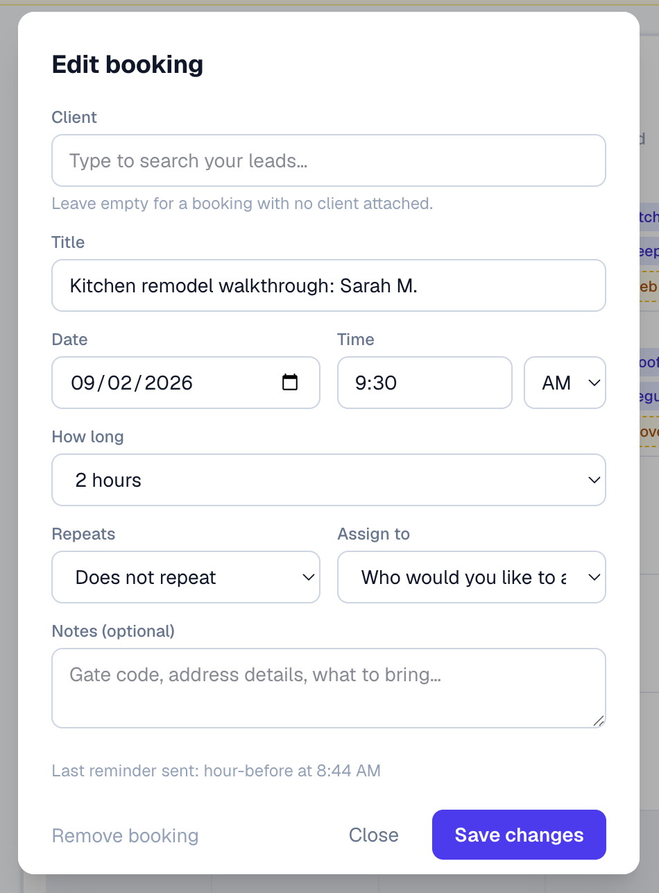 An open booking with its Last reminder sent line above the Save changes button, reading hour-before at 8:44 AM