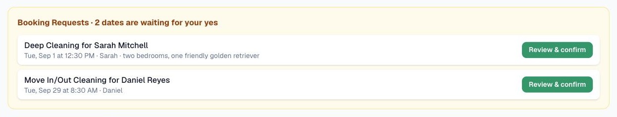 The Booking Requests banner on the Calendar page with two requested dates waiting for confirmation and Review and confirm buttons