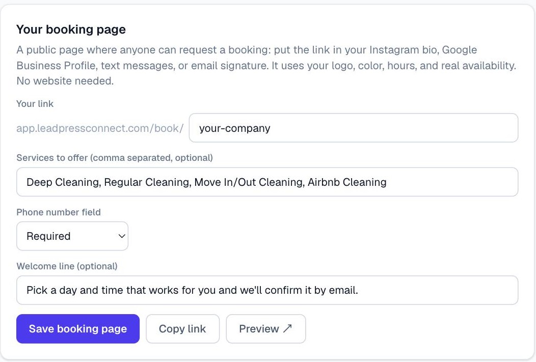 The Your booking page card in Branding with the link slug, services list, phone field setting, and welcome line