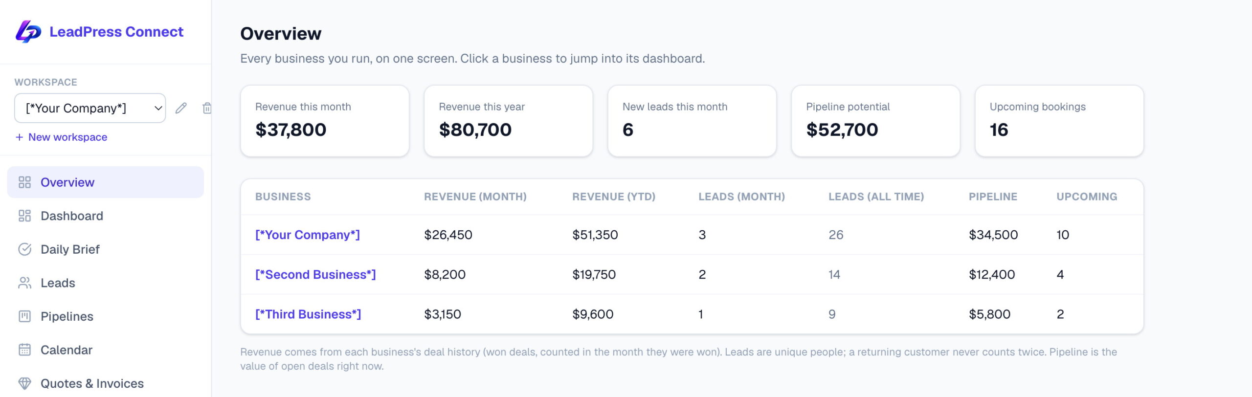The Overview dashboard: revenue, leads, pipeline, and upcoming bookings for every business in the portfolio, with grand totals
