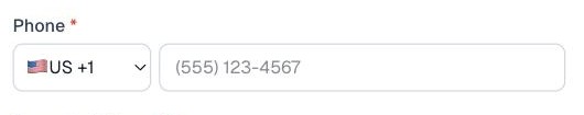 A phone field with a US country code menu and a formatted example number