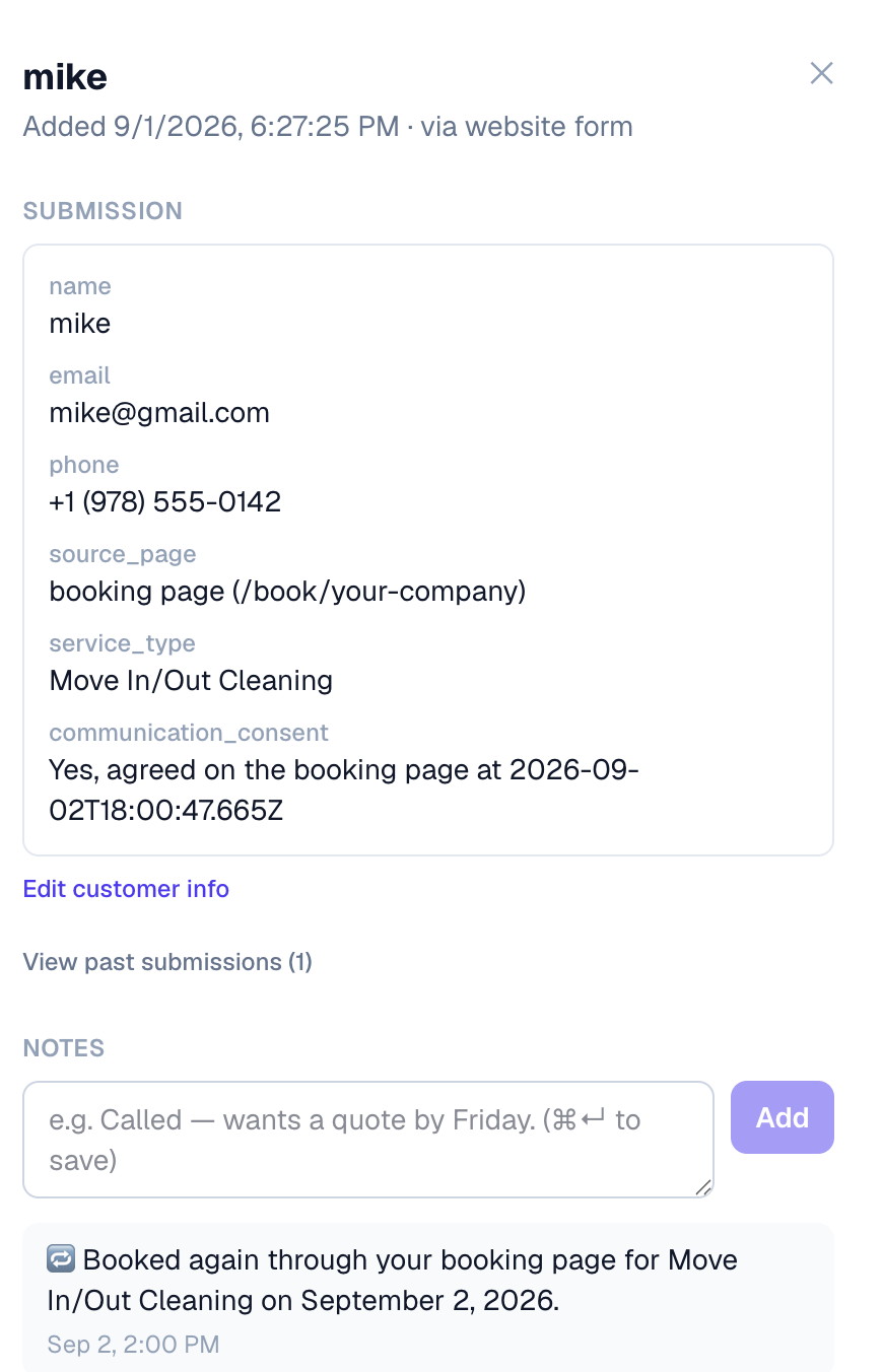 A returning lead’s card: the new booking-page request in the Submission block, the View past submissions link, and a note recording that they booked again