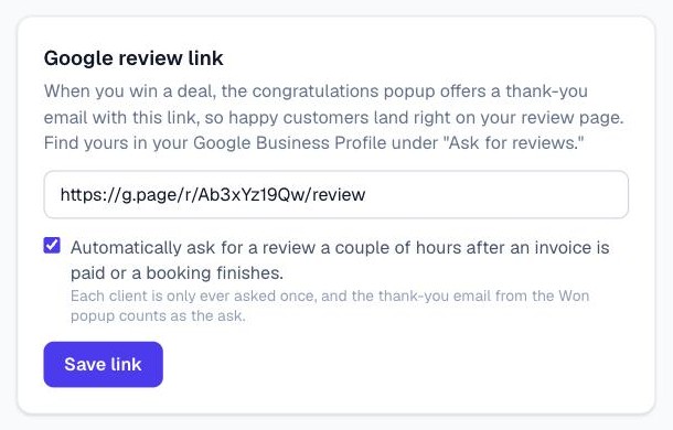 The Google review link card in Branding with the automatic review request checkbox ticked
