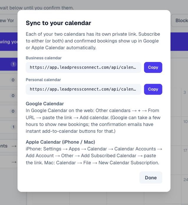 The Sync to your calendar dialog with private links for the business and personal calendars and instructions for Google and Apple Calendar