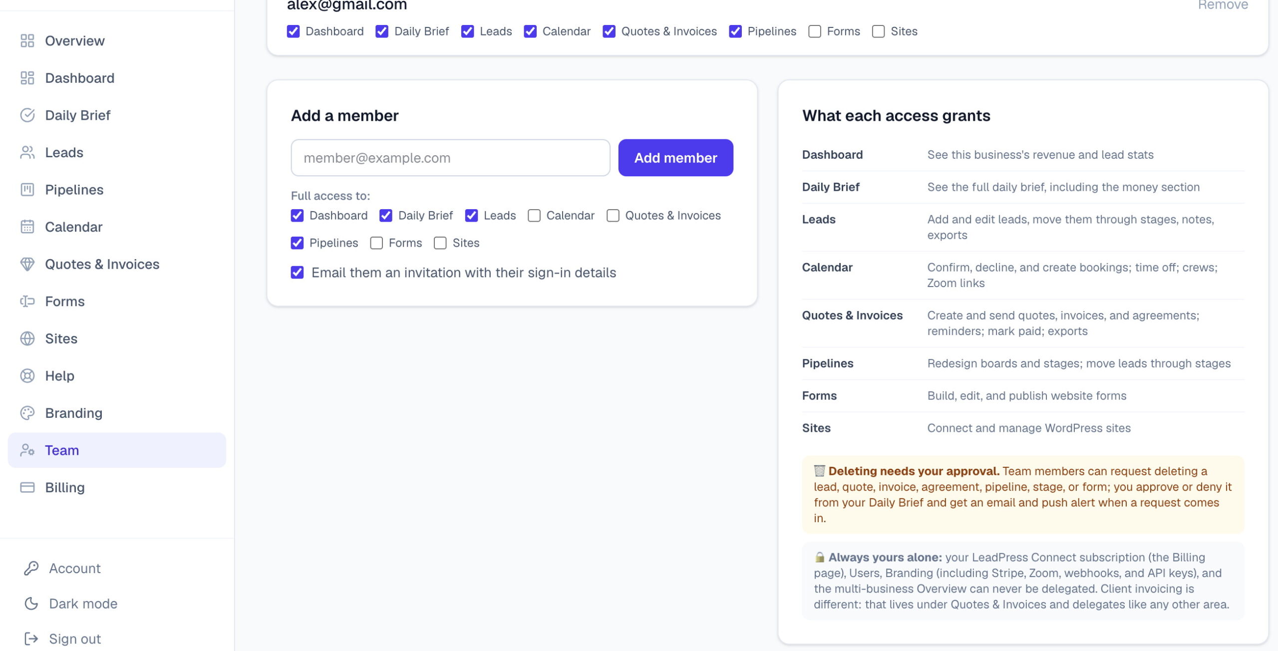 The Team page: a member row with per-area access checkboxes, the Add a member form, the What each access grants table, and the deletion-approval and always-yours-alone notes