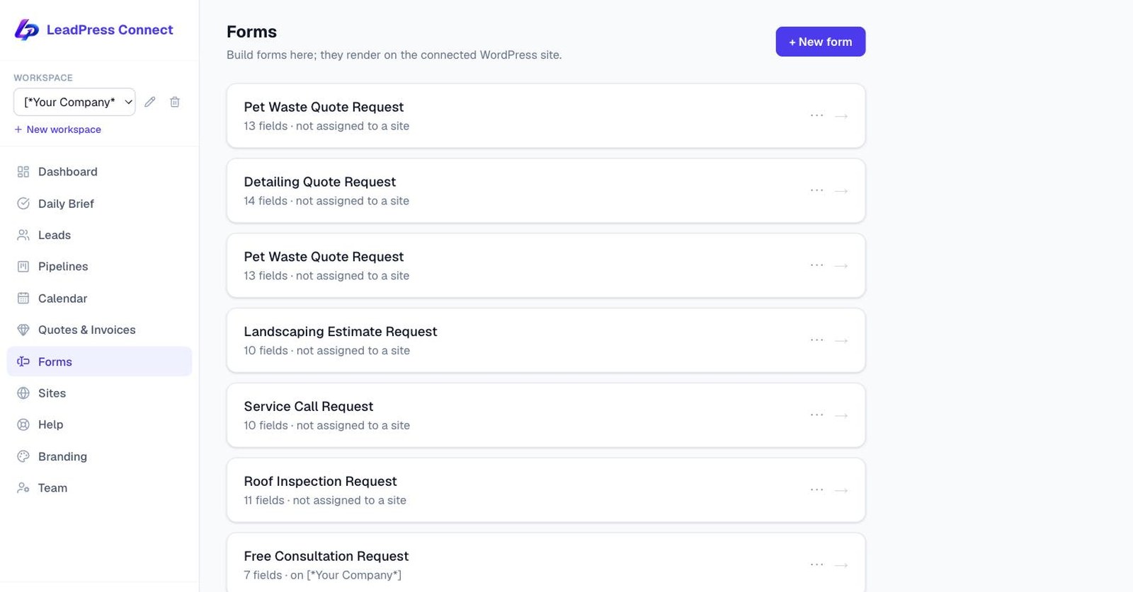 The Forms page listing forms with their field count and the site each one is published on