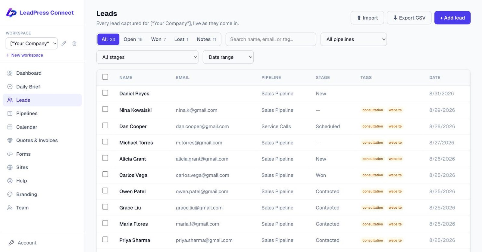 The Leads page with status chips, search, pipeline filters and a table of captured leads