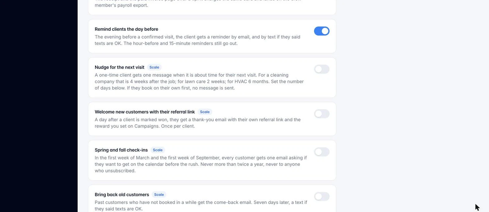 The newer switches: remind clients the day before, nudge the next visit, seasonal check-ins