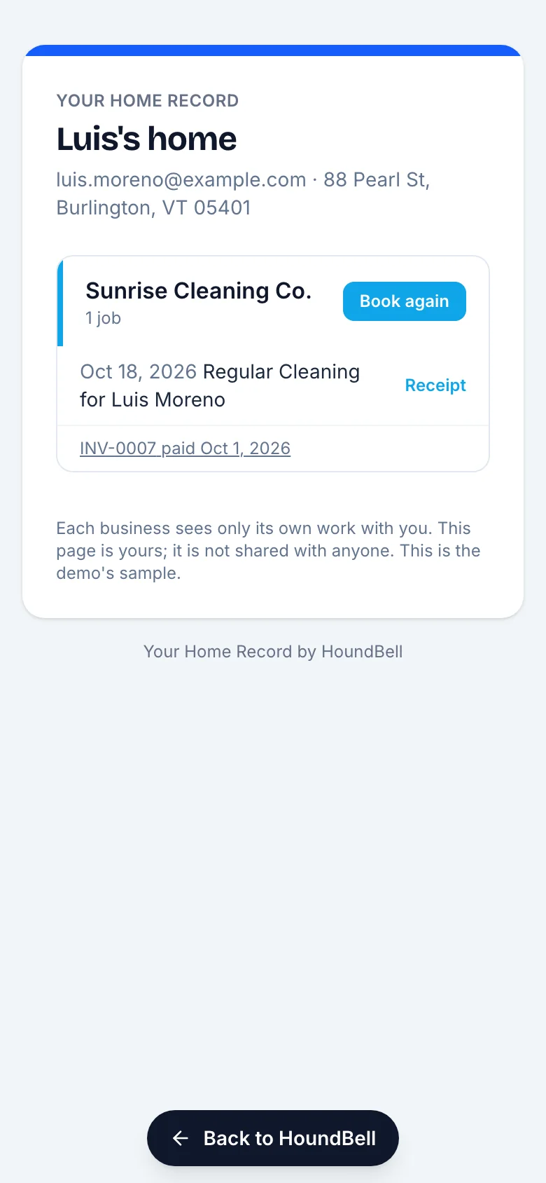 A client page opened from the installed app, with the Back to HoundBell bar at the bottom