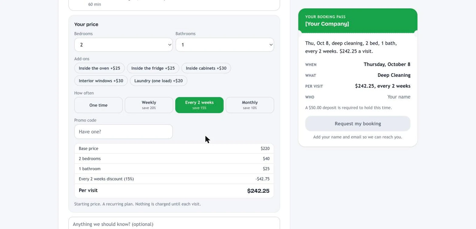 The booking page totals the price live, with the filled booking pass alongside