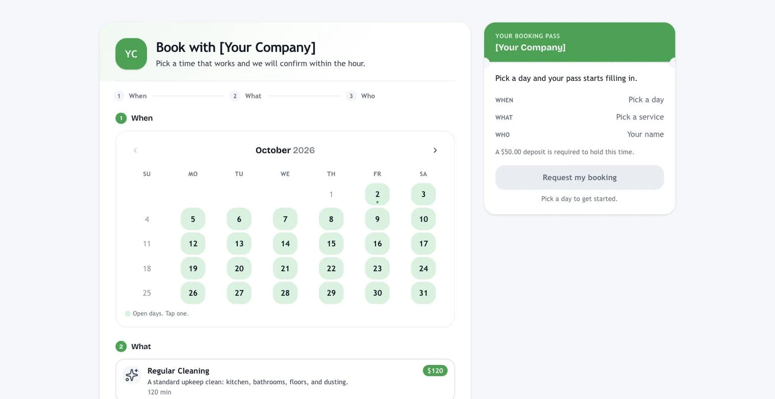 The hosted booking page with the booking pass that fills itself in as the client chooses