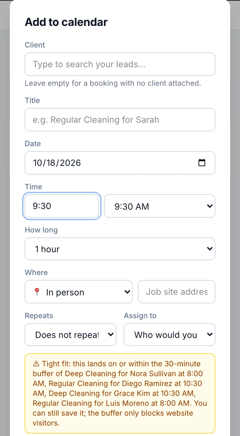 The Add to calendar sheet on a phone with the new time entry and the tight-fit warning