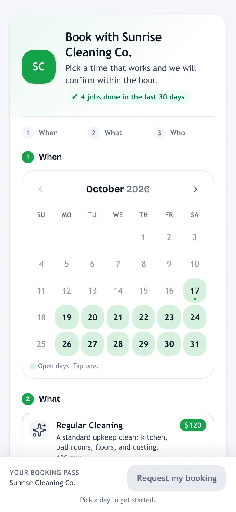 The booking page with the live proof line under the business name