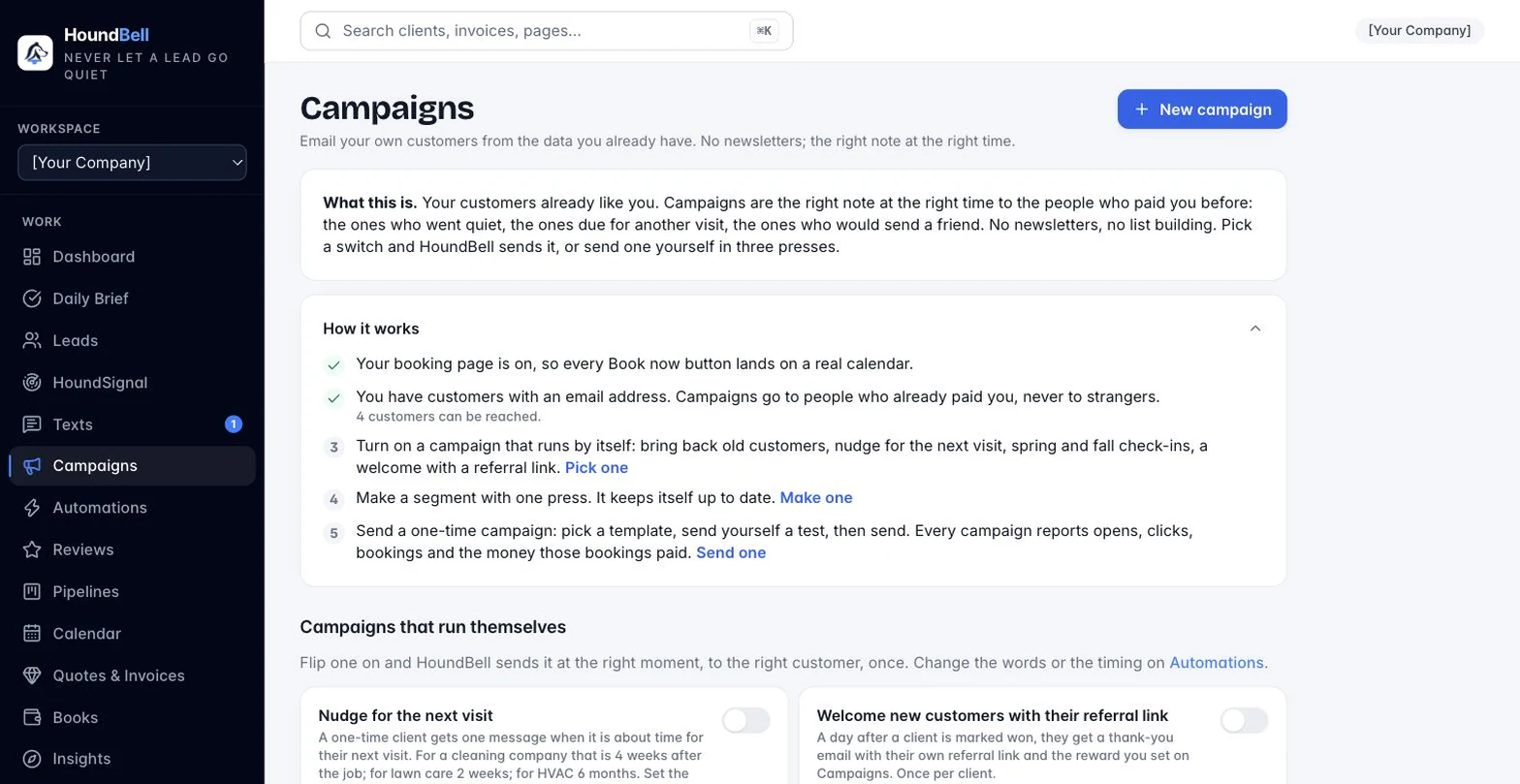 The Campaigns page with the how-it-works checks and the campaigns that run themselves
