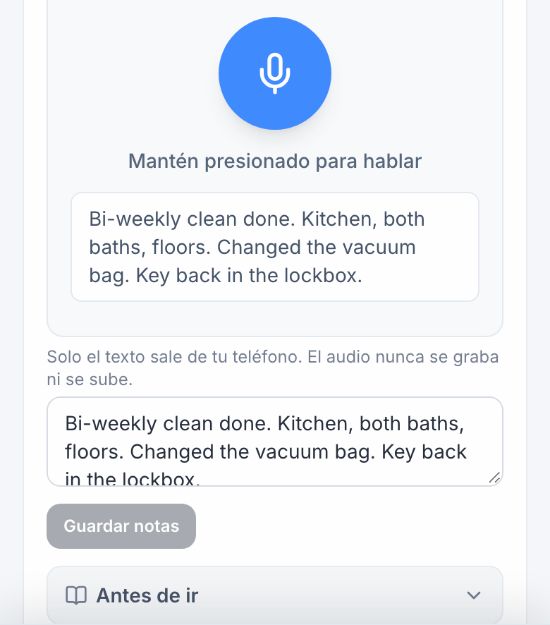 The voice panel in Spanish: Manten presionado para hablar with the transcript