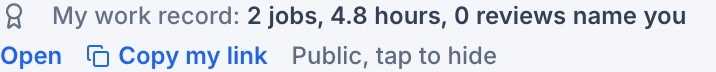 The work record line on the crew pass with Open, Copy my link, and the public switch