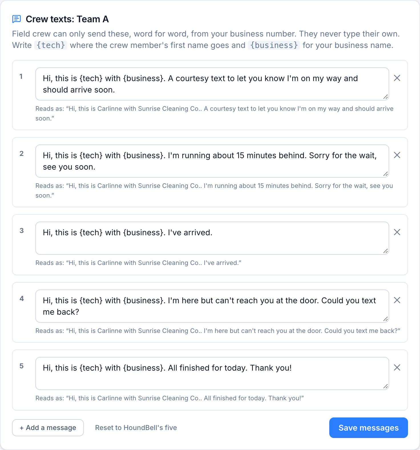 Team texts settings: a crew with its own canned text list