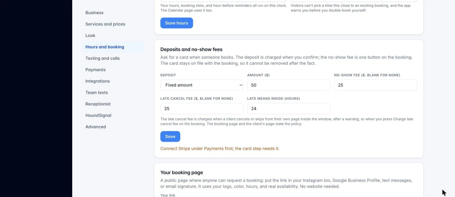 Deposit, no-show fee, and late cancel fee settings