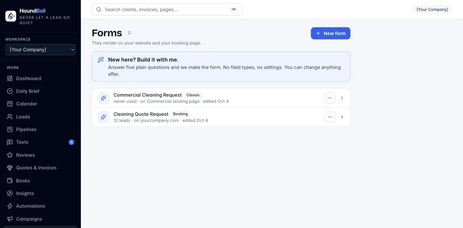 The Forms page with the Build it with me card