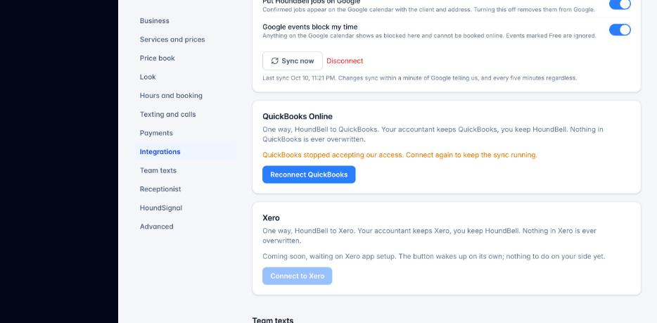 The Google Calendar card in Settings, Integrations, connected with both switches on