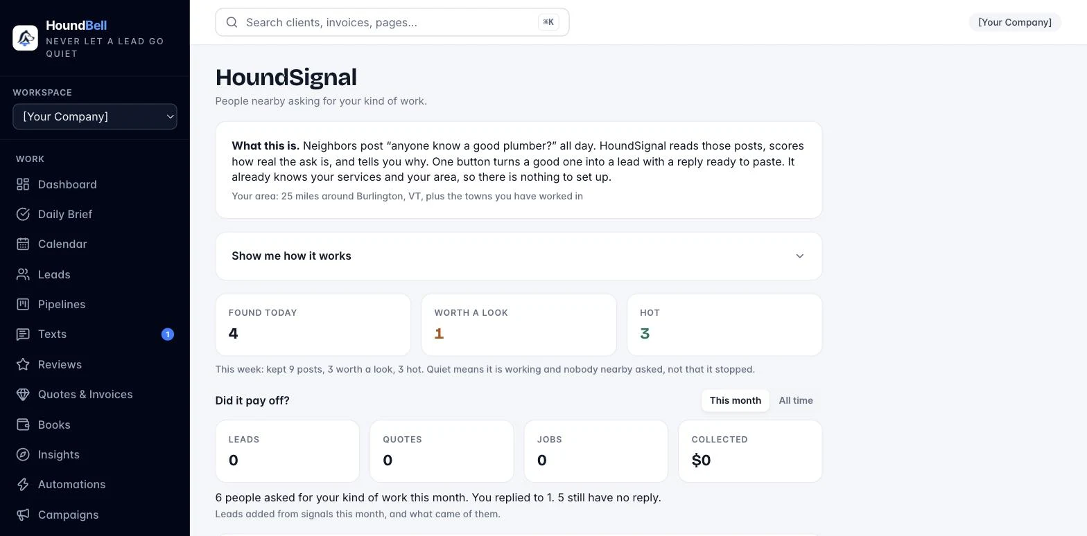 The HoundSignal page with the week line and the did-it-pay-off loop