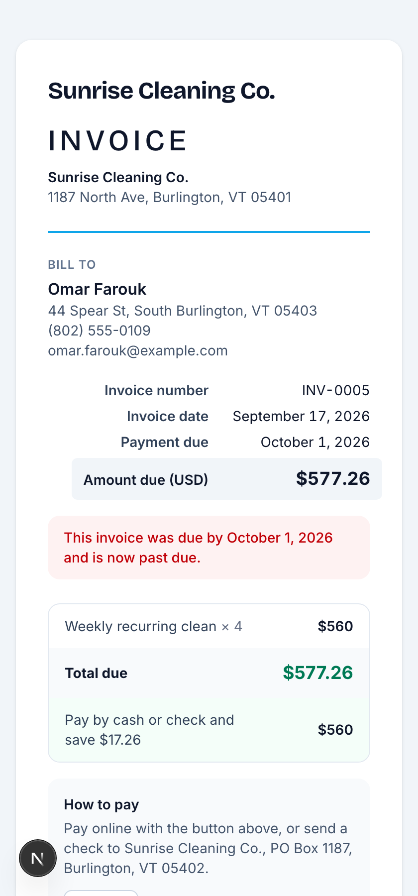 The invoice page showing the card total with the cash or check saving under it