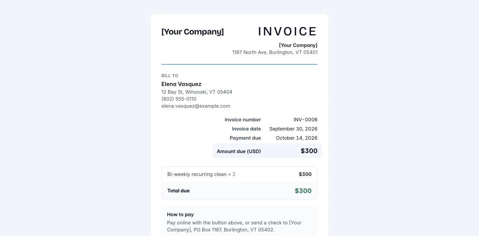 The invoice your client sees, with the one document header: wordmark, INVOICE, business details and the amount due
