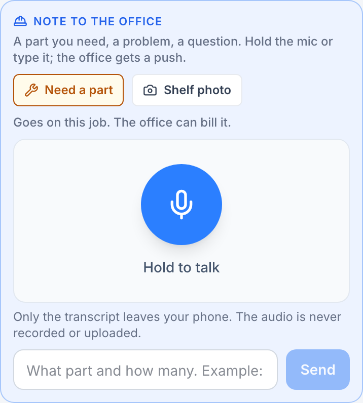 The Need a part panel: hold the mic or type what part and how many, with a Shelf photo button
