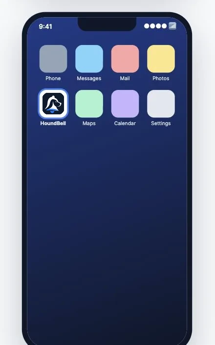 The HoundBell app icon on a phone home screen, labelled HoundBell