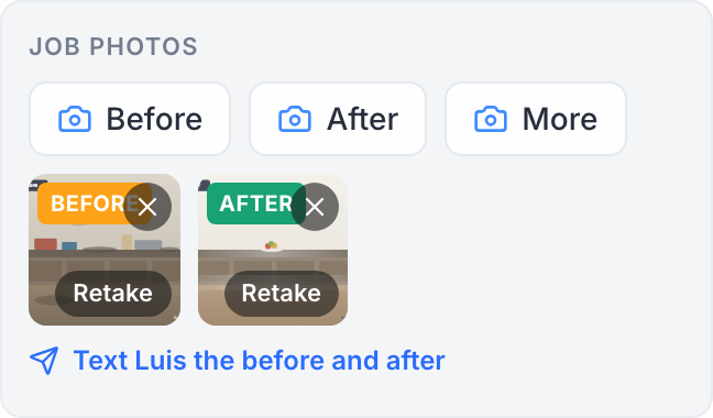 The job photo strip with Before, After and More buttons
