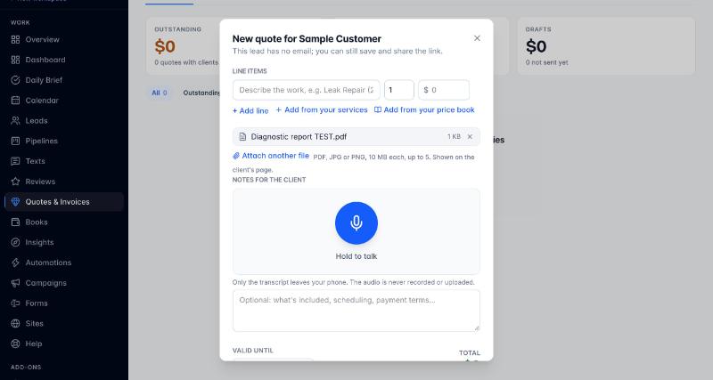 Attach a file on the quote builder