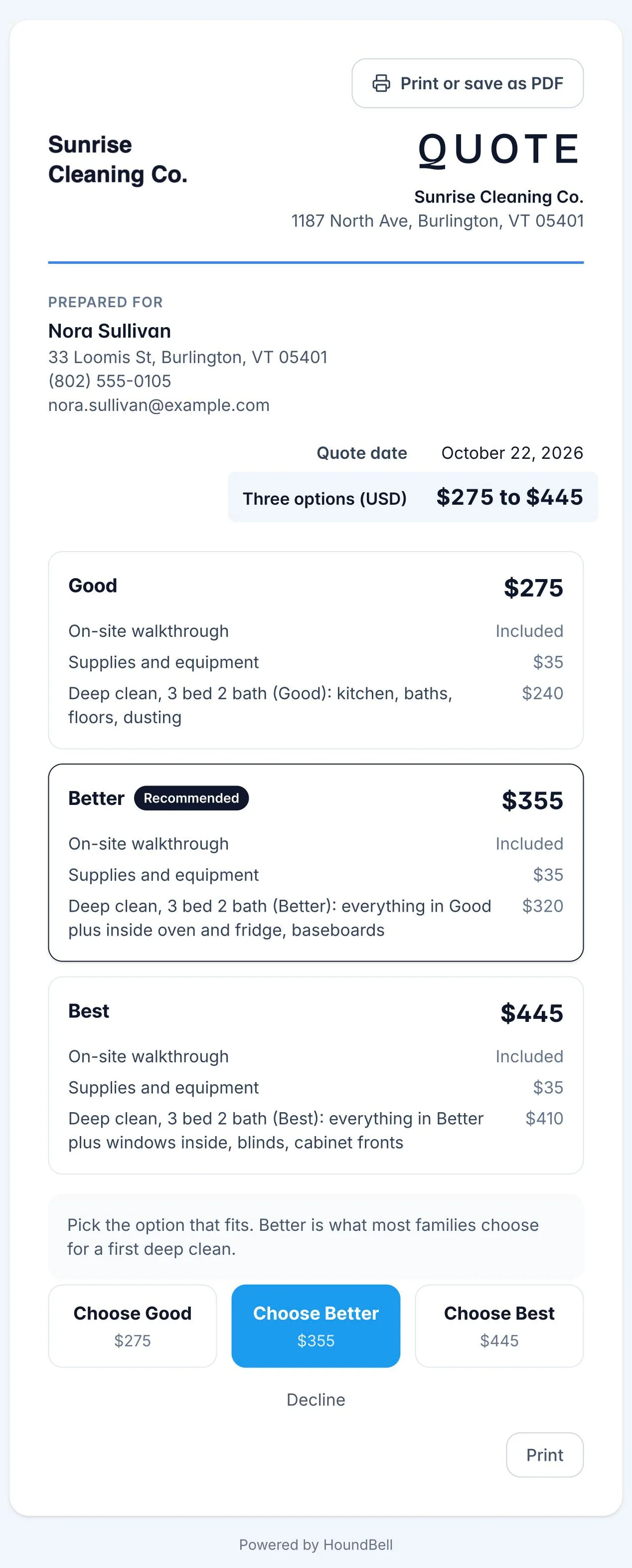 The client quote page with three options: Good, Better with the Recommended badge, and Best, each with its lines and a Choose button under the note