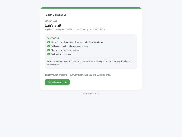A report card: what we did, ticked checklist items, and a practice line