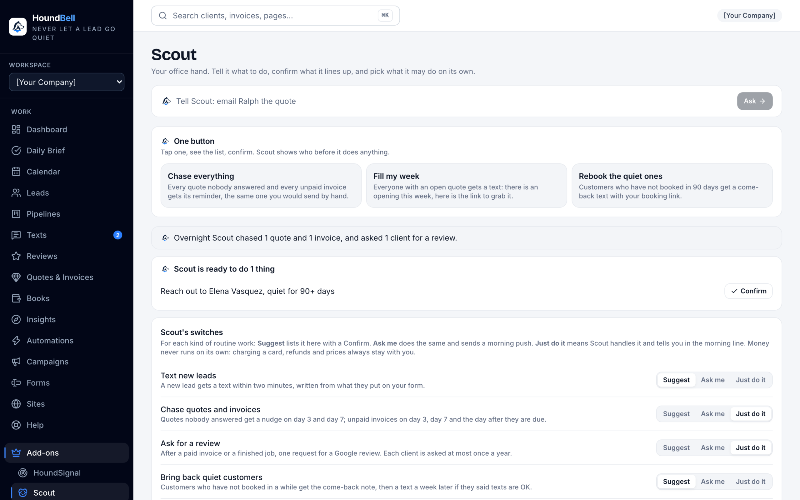 The Scout page with the morning line, the Ready list and the per-kind switches