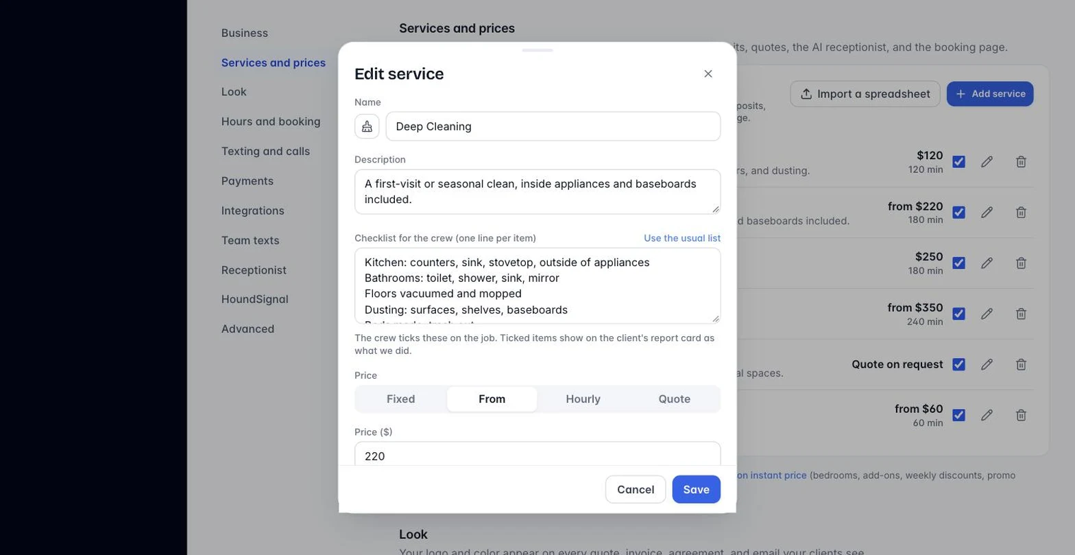 A service’s checklist in the editor, one line per item, with Use the usual list