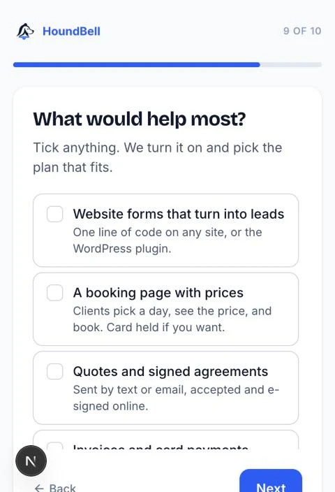 The start page asking which features would help