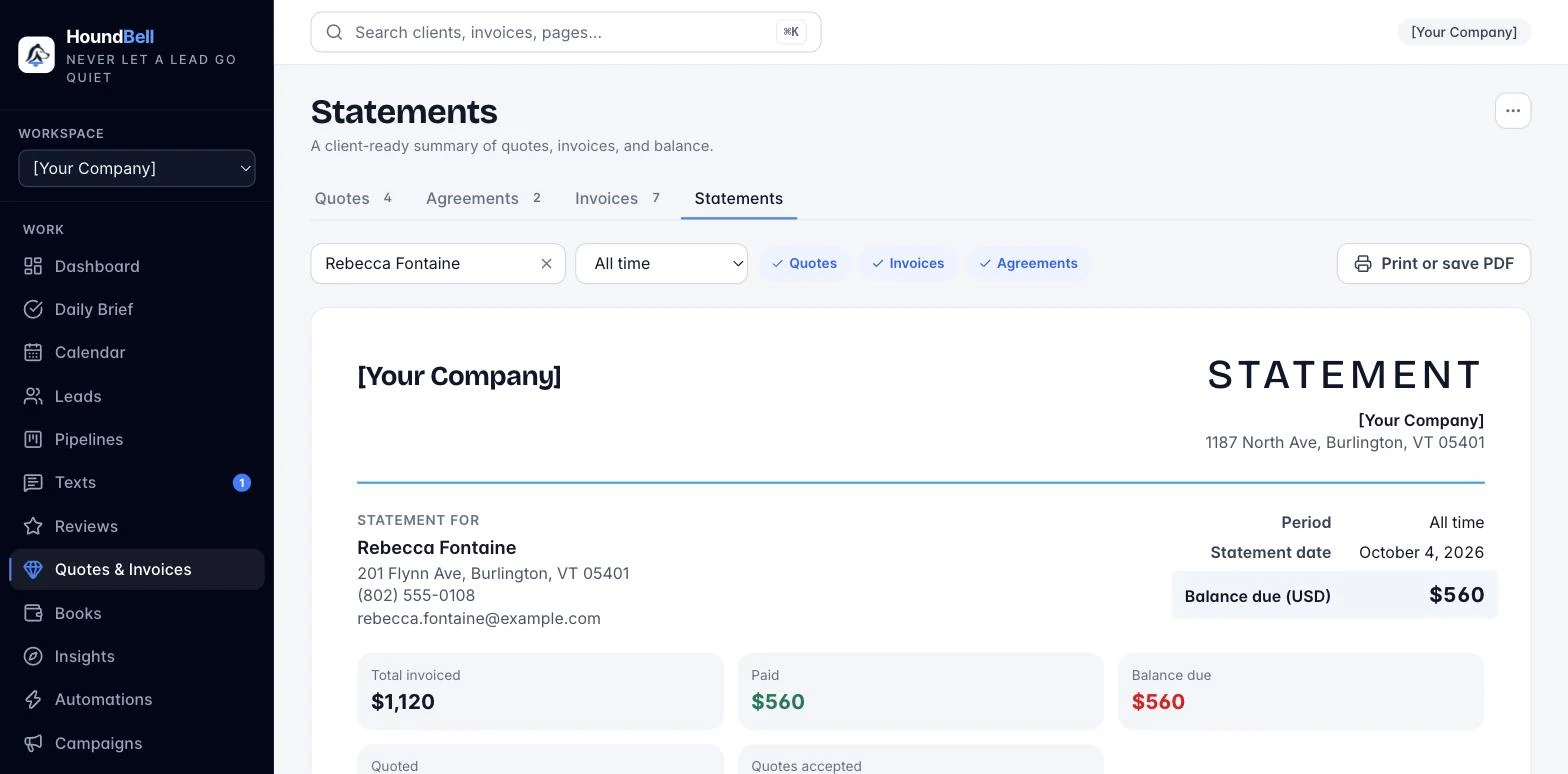 A customer statement with the document header, totals and the balance due