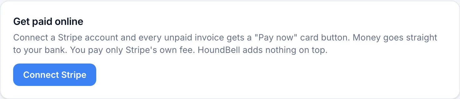 The Get paid online card in Settings with the Connect Stripe button
